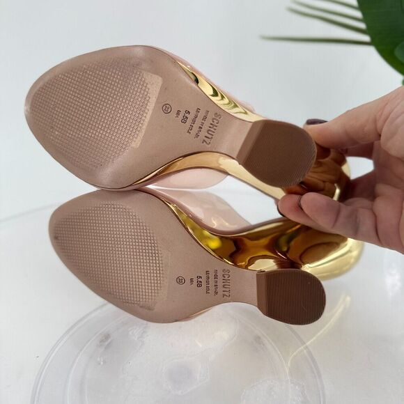 Schutz Womens Size 5.5 Aprill Vynil Slip On Open Toe Wedge Sandals Pink Gold - Picture 10 of 12